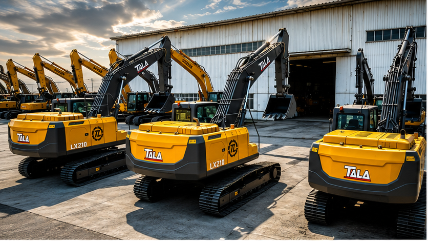 Flota de excavadoras TALA LX-210 alineadas en patio industrial